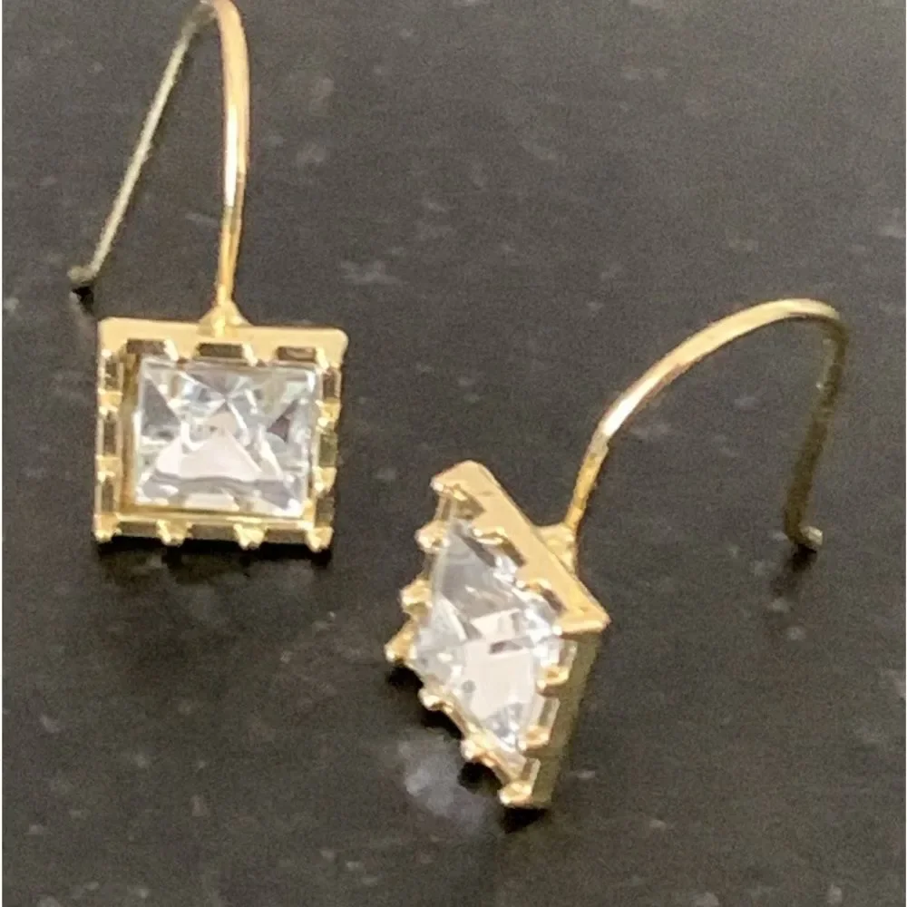 Square Faux Diamond Drop Stud Earrings Gold Tone